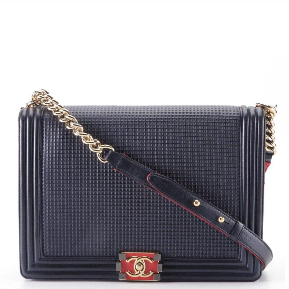 Chanel Large Boy Bag 2014 Resort Cube-Embossed Dark Blue Lambskin